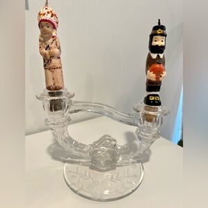 Mid-century glass Dual Candelabra with 2 Thanksgiving Candles